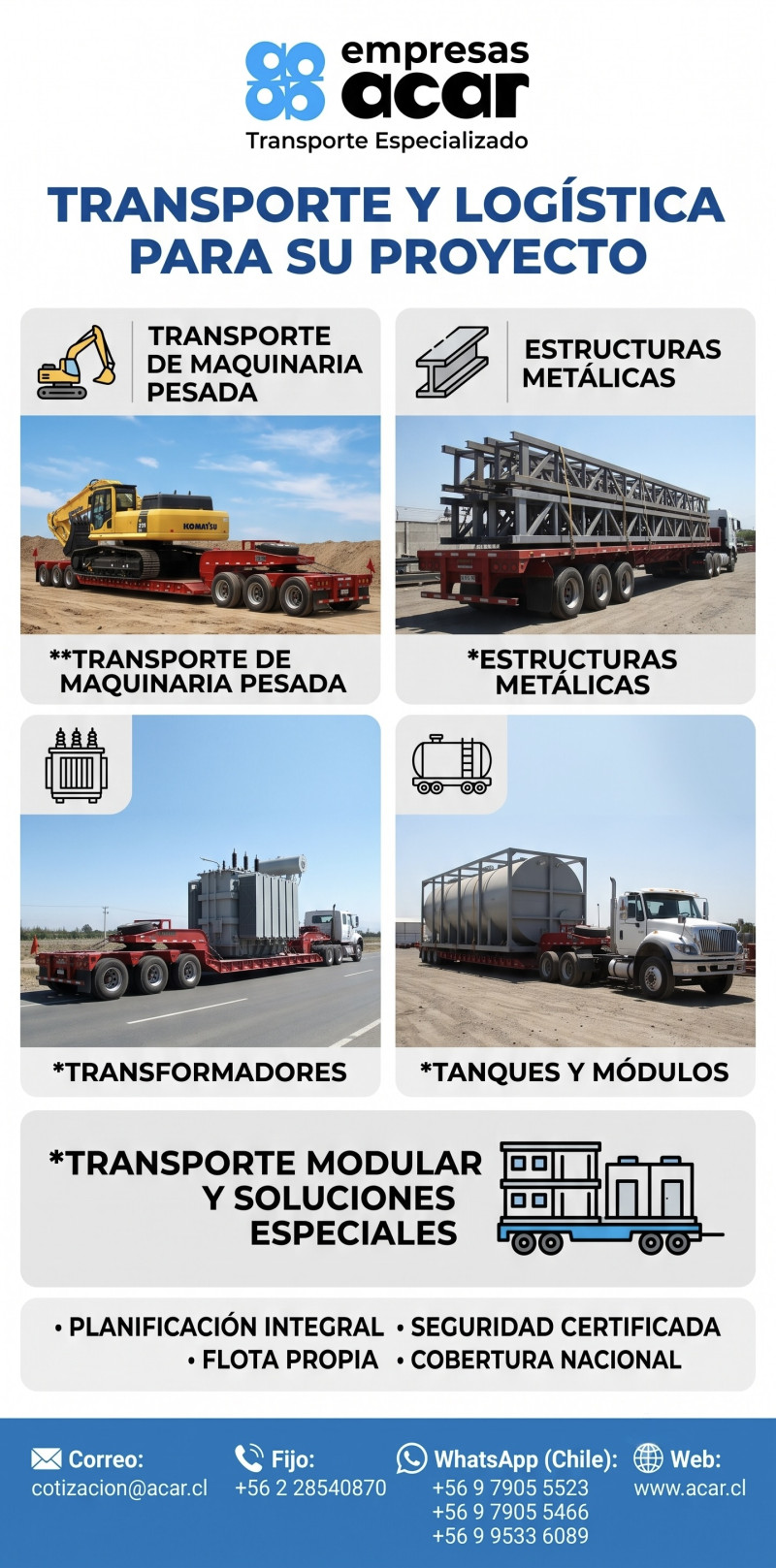 Empresas ACAR - Todo tipo transporte de maquinaria, estructuras, transformadores y módulos, ATENCION 24/7